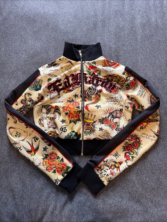 Ed Hardy Other - Ed Hardy Cream and Black Tattoo-Print Cropped Jacket
